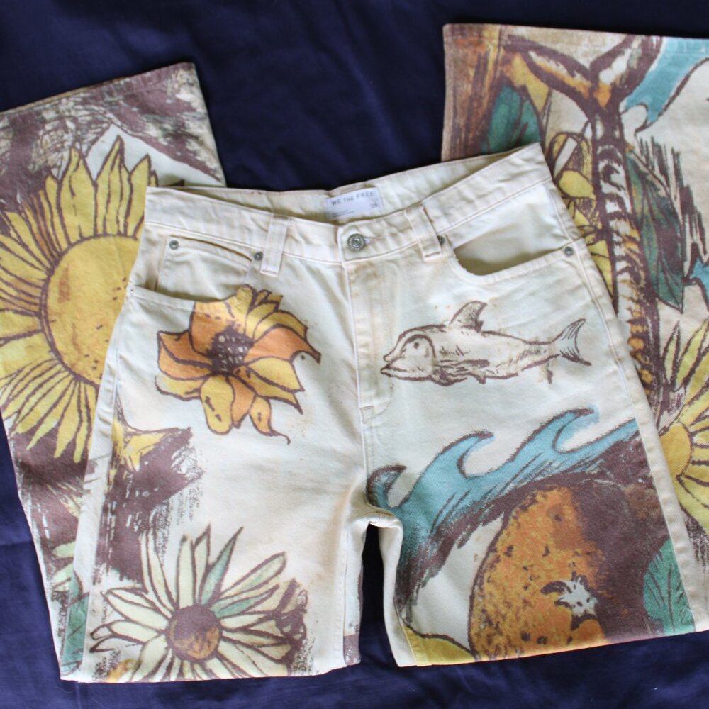 We The Free  tinsley beach scene printed denim jeans sunflowers wide leg barrel - Picture 7 of 14